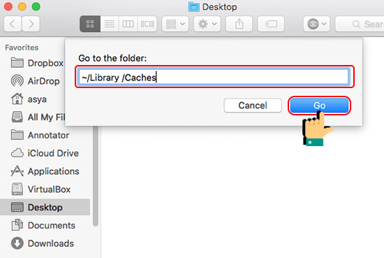 Tìm kiếm ~/Library/Caches để mở thư mục Caches